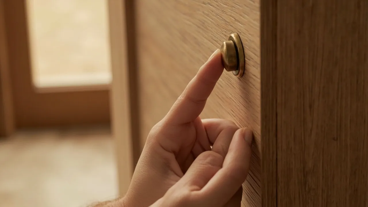 Detailaufnahme einer Hand, die einen Messing-Schrankgriff in warmem Tageslicht dreht