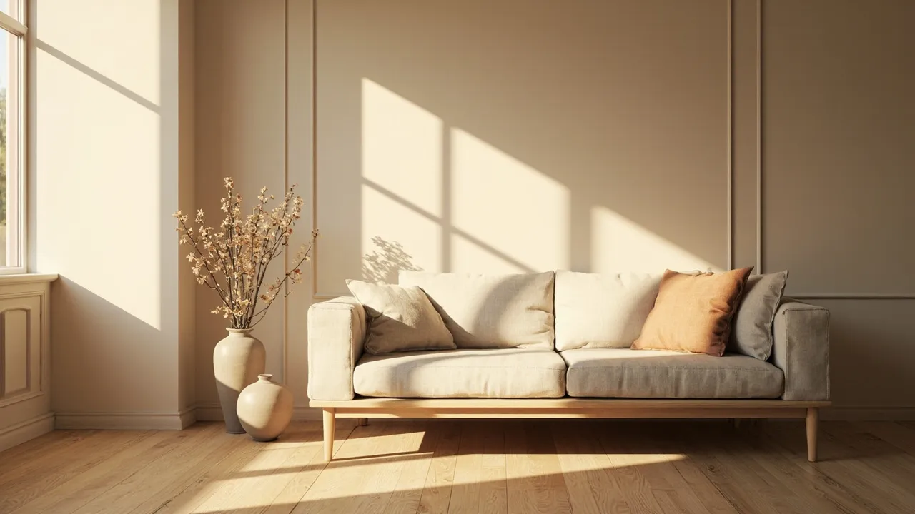 Helles Wohnzimmer mit Linen-Sofa, Eichenboden und einer einzelnen Keramikvase im warmen Tageslicht