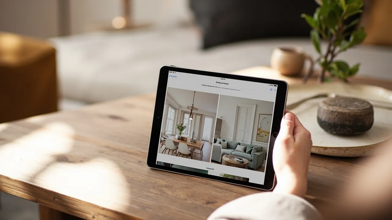 Symbolbild: ein Tablet auf einem Holztisch zeigt eine kuratierte Interior-Design-Portfolio-Seite mit großen, ruhigen Projektaufnahmen