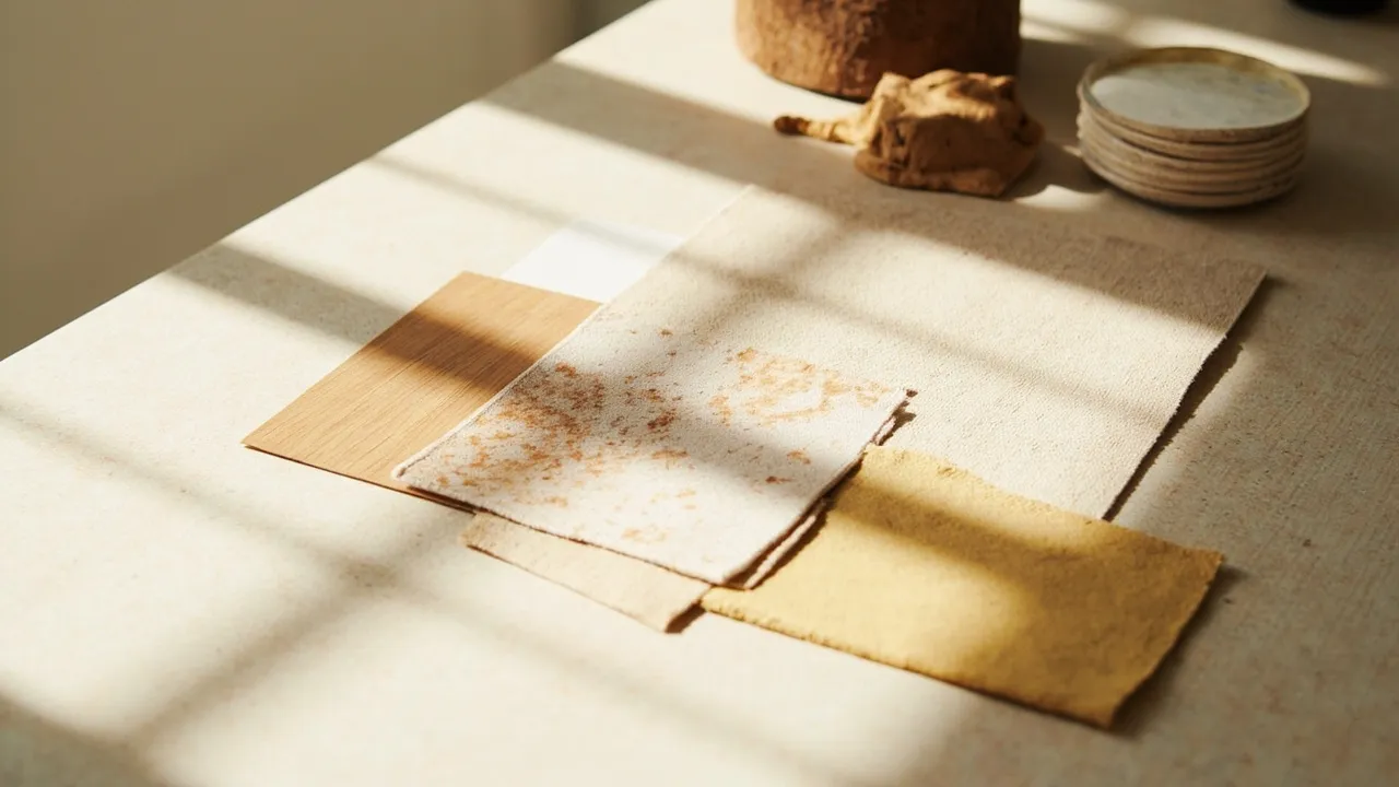Symbolbild: eine Reihe von Materialmustern — Eichenholz, Travertin, Leinen und Messing — auf einem sonnenbeschienenen Tisch mit weichen Schatten