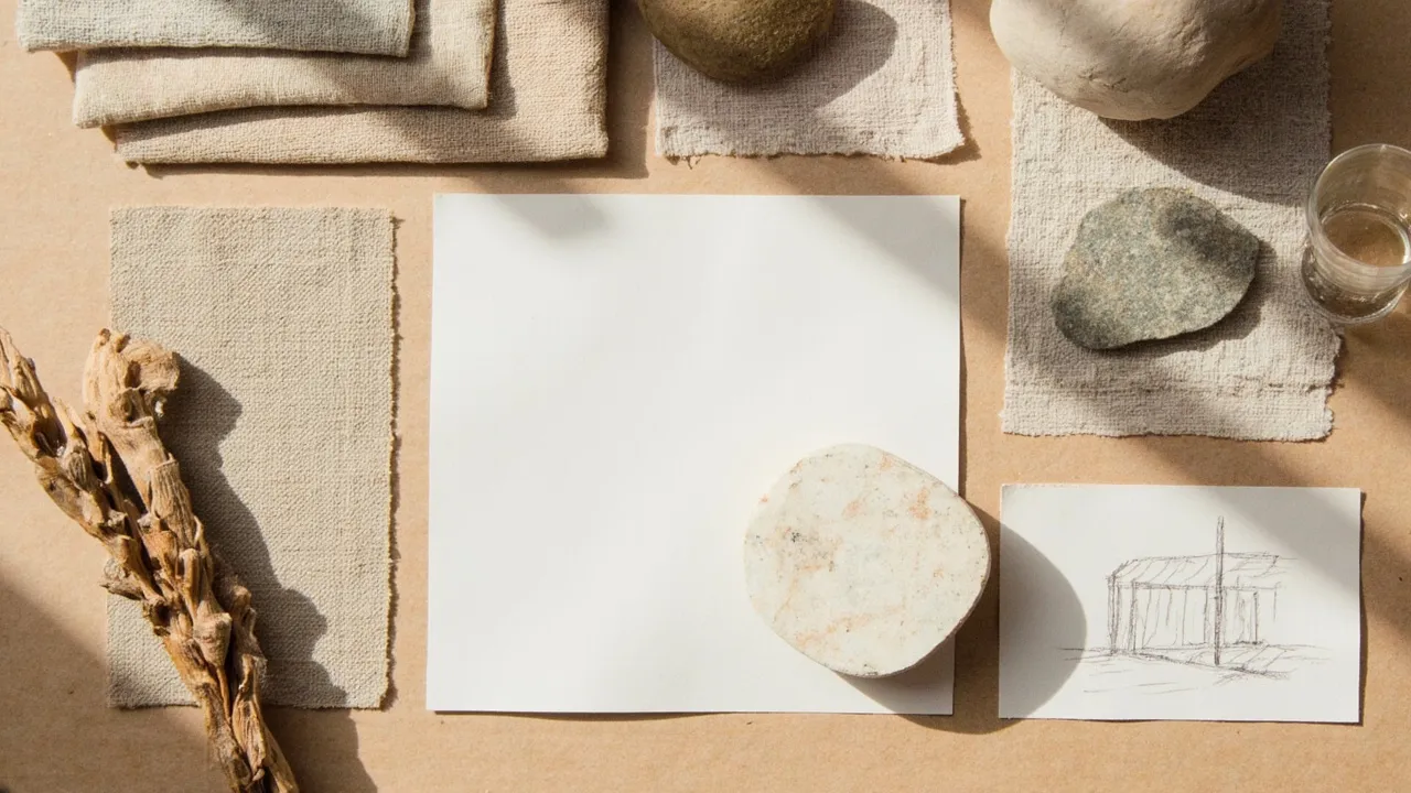 Stimmungsbrett von oben mit Stoffmustern, Steinstücken und einer kleinen Skizze auf Kraftpapier