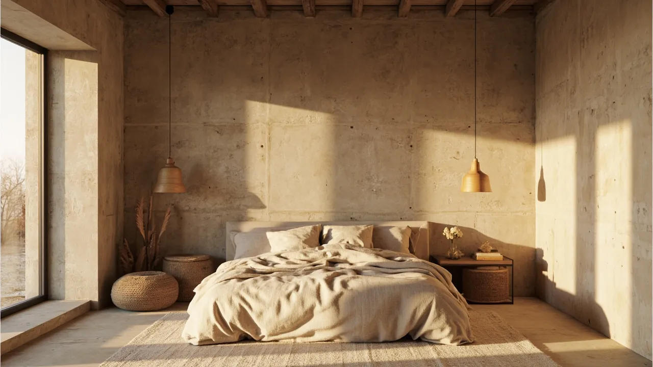 Ruhiges Schlafzimmer mit Steinton-Wänden, weicher Leinen-Bettwäsche und einer einzelnen Pendelleuchte im goldenen Abendlicht